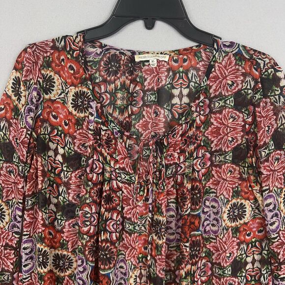 Rebecca Minkoff Shirt Womens XS Red Floral Boho Flowy Coastal Cottage Blouse - Picture 2 of 16